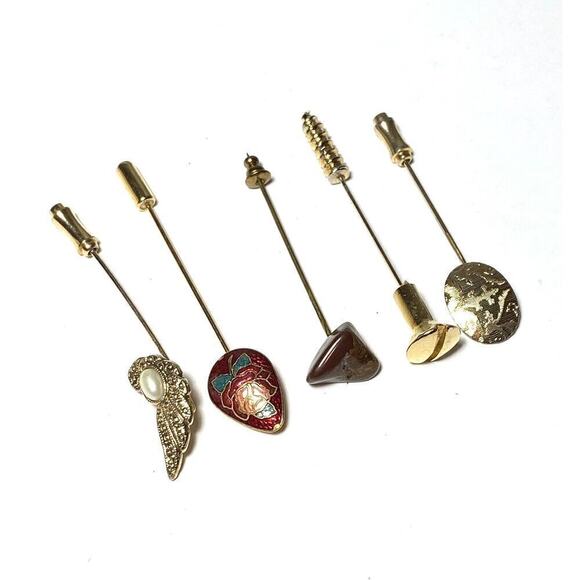 Stick Pins Lot of 7 Vintage Gold Tone Silver Tone Cloisonné Bolt Flower Stone - Picture 4 of 11